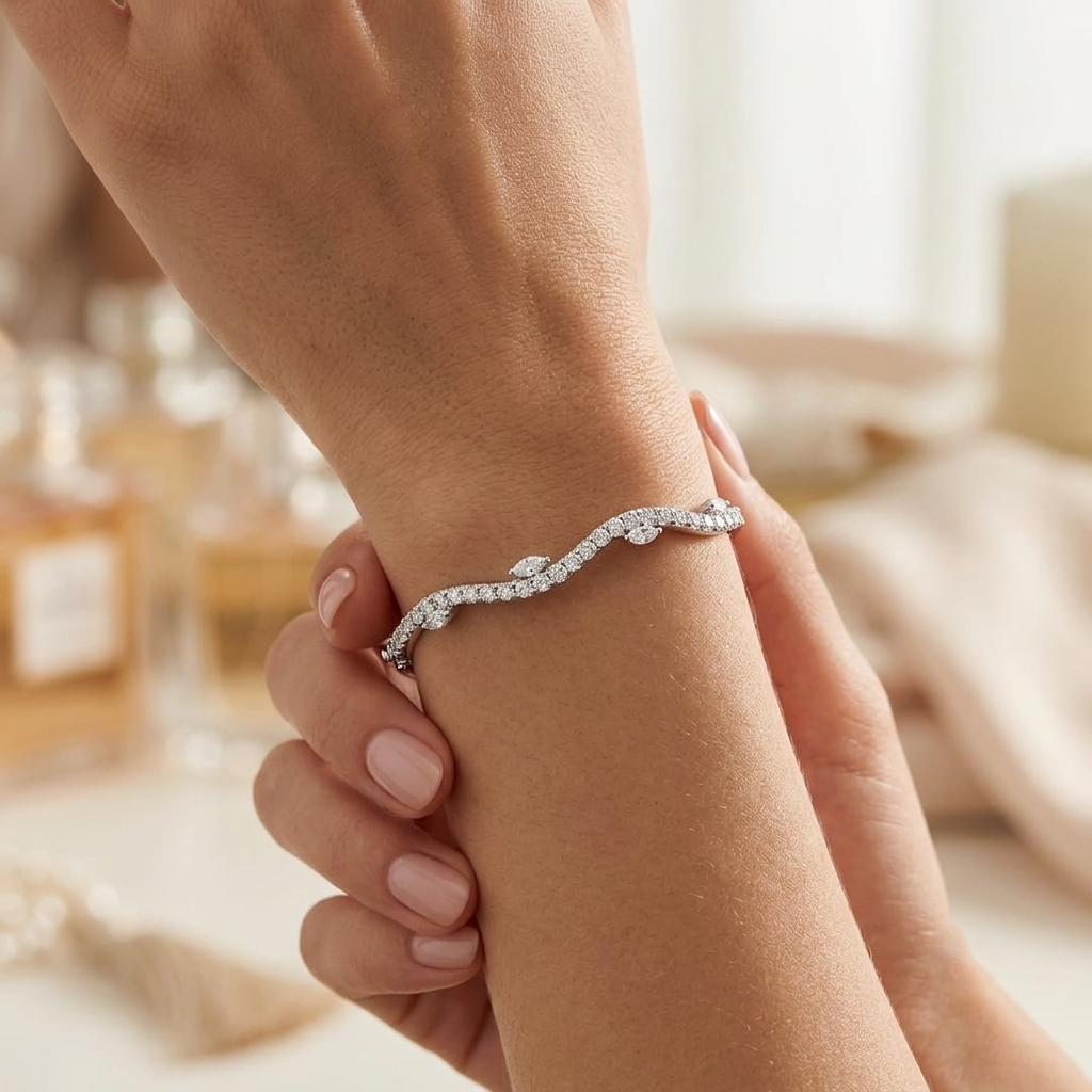 wavy pavรฉ diamond hinged bangle with marquise accents