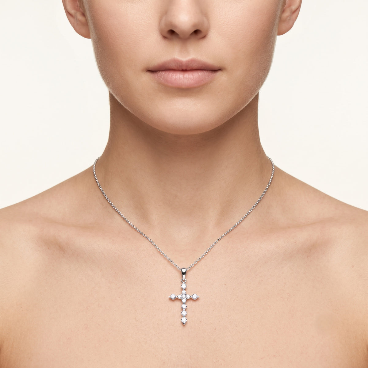 lab grown diamond petite cross pendant necklace, minimalist prong set cross