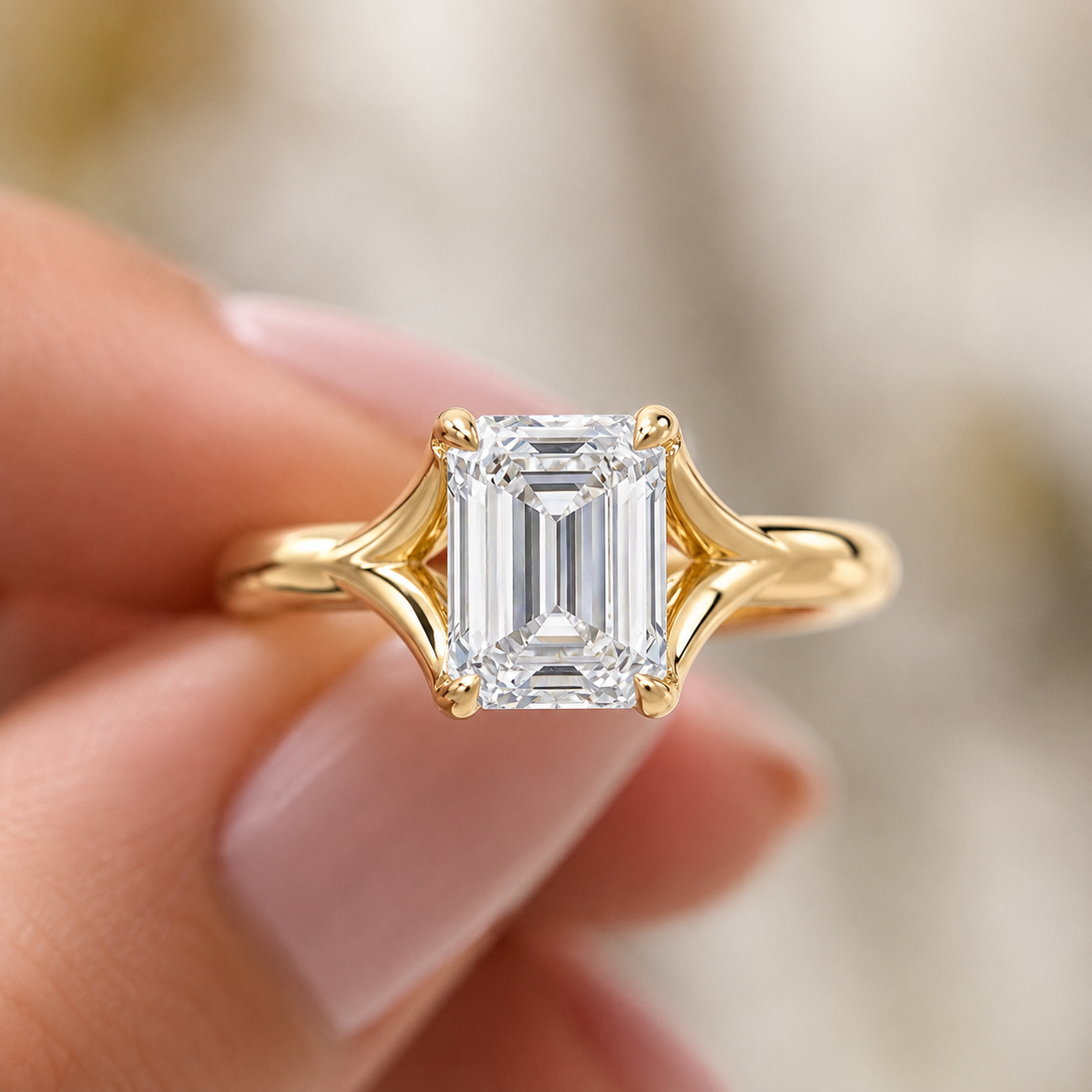 Emerald Cut Lab Grown Diamond Cathedral Solitaire Engagement Ring