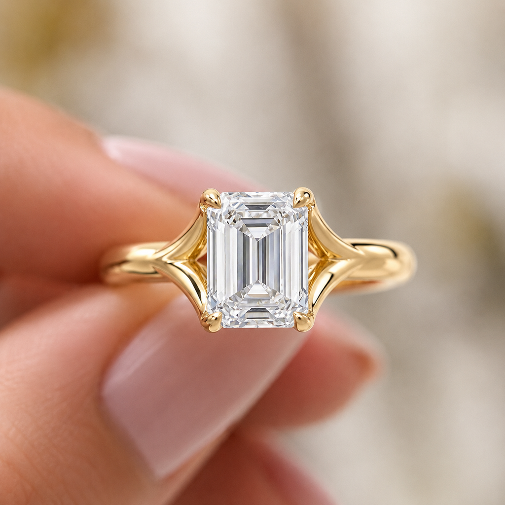 14K Gold Emerald Cut Lab Grown Diamond Cathedral Solitaire Engagement Ring
