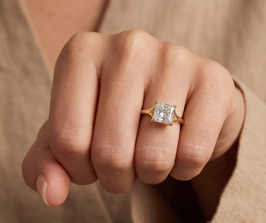 14K Gold 1 Carat Princess Cut Lab Grown Diamond Cathedral Solitaire Engagement Ring