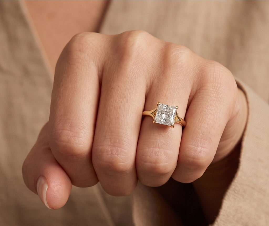 14K Gold 1 Carat Princess Cut Lab Grown Diamond Cathedral Solitaire Engagement Ring