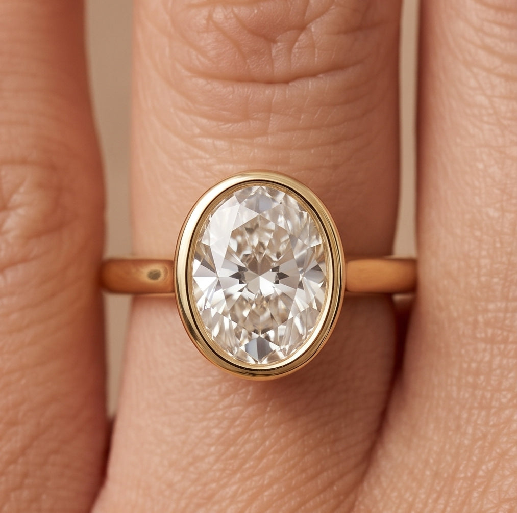 14K Gold 1 Carat Oval Cut Lab Grown Diamond Bezel Engagement Ring