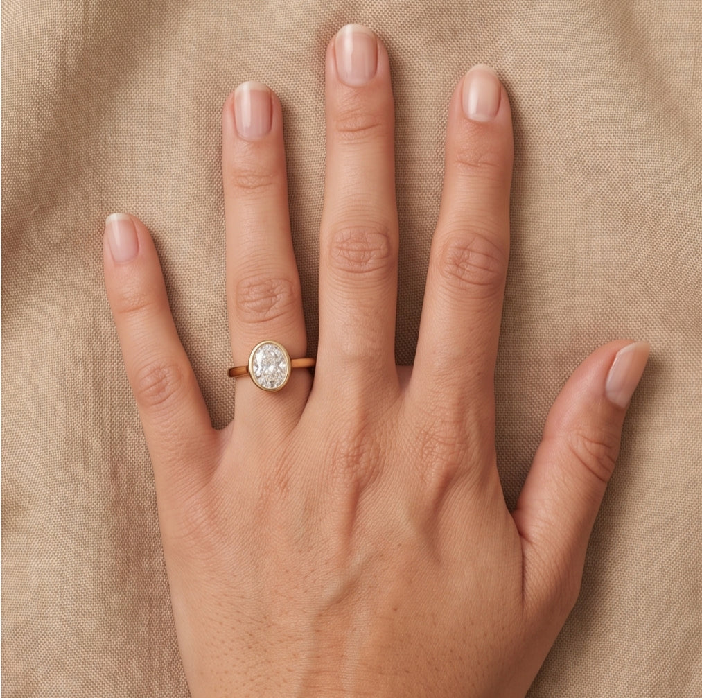 14K Gold 1 Carat Oval Cut Lab Grown Diamond Bezel Engagement Ring