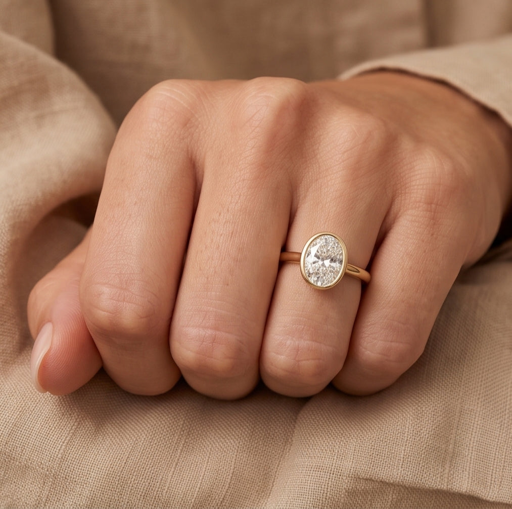 14K Gold 1 Carat Oval Cut Lab Grown Diamond Bezel Engagement Ring