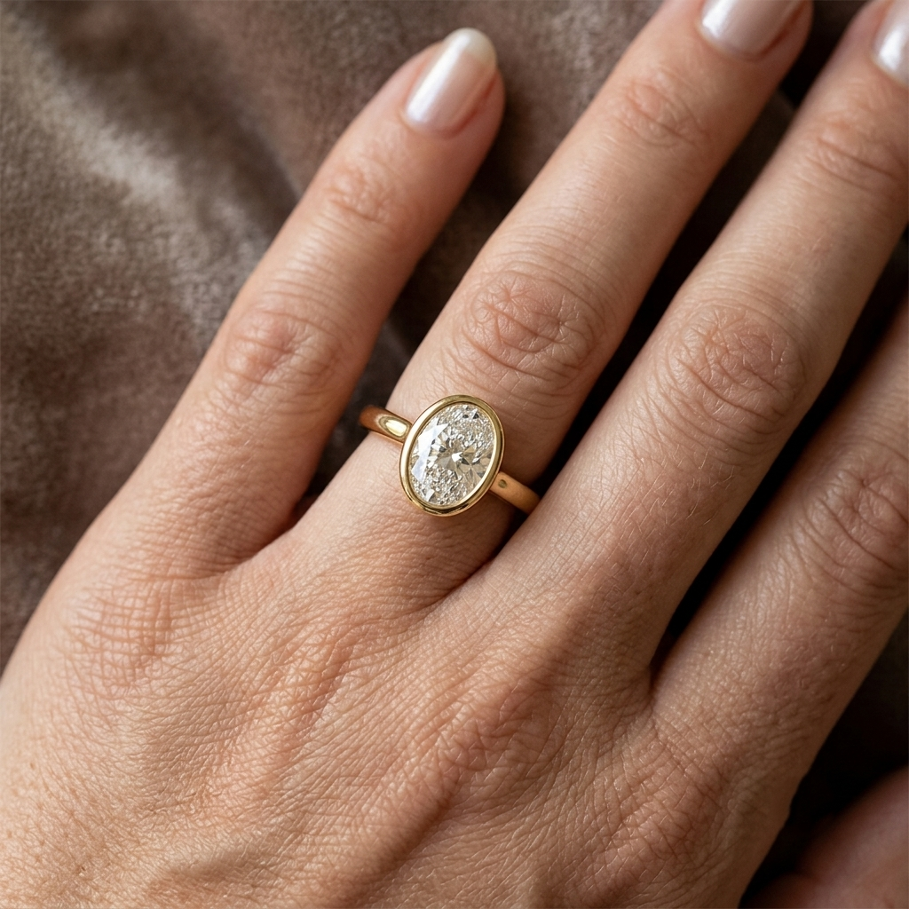 14K Gold 1 Carat Oval Cut Lab Grown Diamond Bezel Engagement Ring
