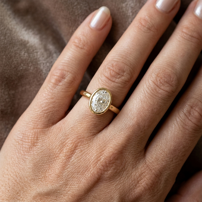 14K Gold 1 Carat Oval Cut Lab Grown Diamond Bezel Engagement Ring