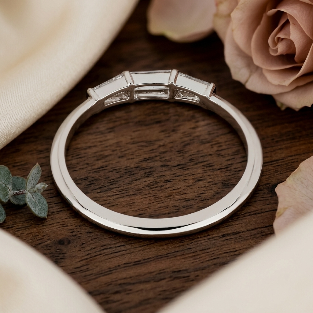 three-stone tapered baguette diamond band in gold