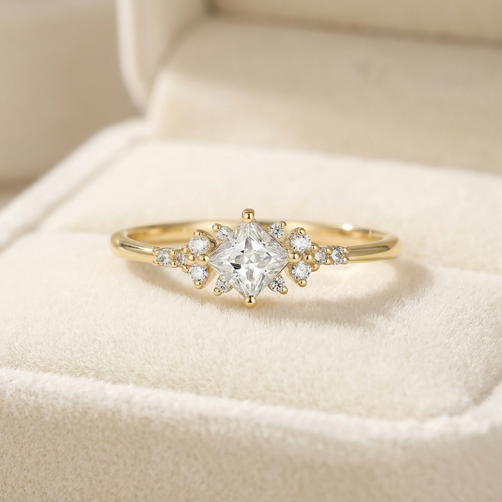 Kite Cut Princess Engagement Ring with Snowflake Cluster Side Accents
