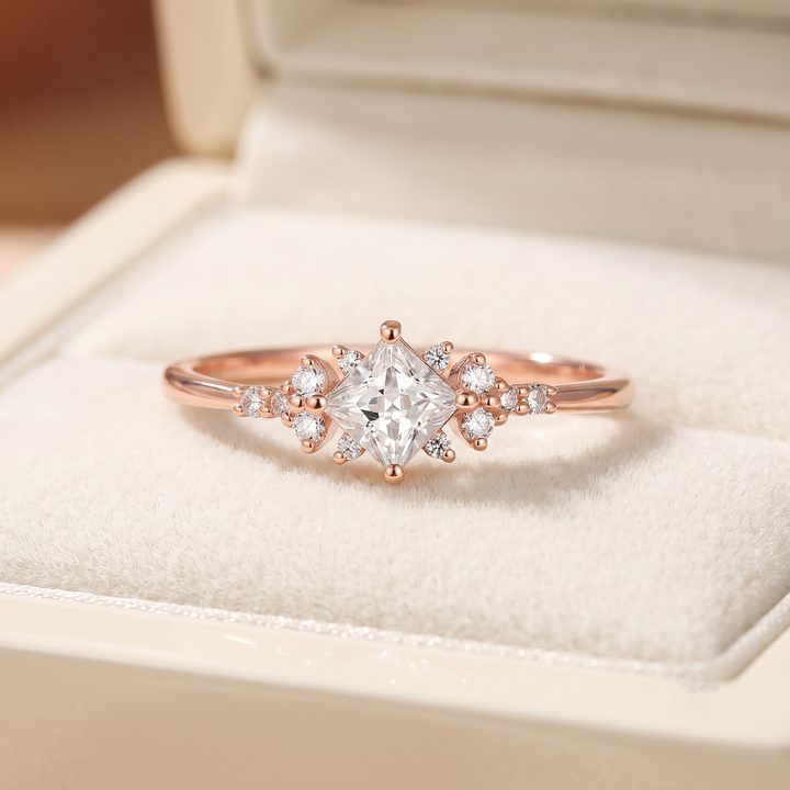 Kite Cut Princess Engagement Ring with Snowflake Cluster Side Accents