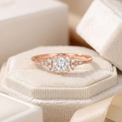 Kite Cut Princess Engagement Ring with Snowflake Cluster Side Accents