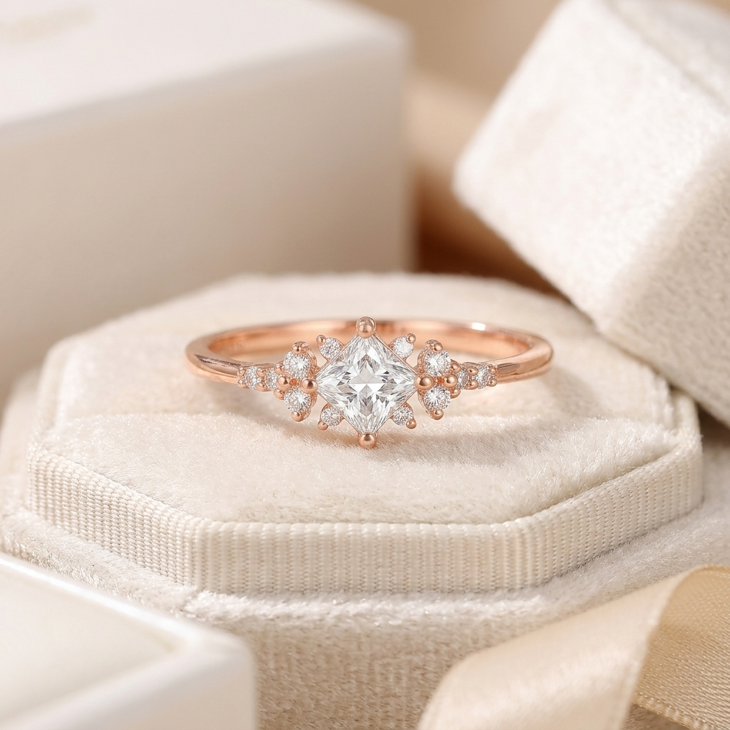 kite cut princess engagement ring with snowflake cluster side accents