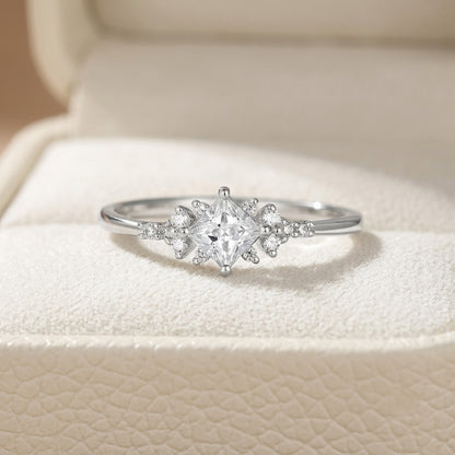 Kite Cut Princess Engagement Ring with Snowflake Cluster Side Accents