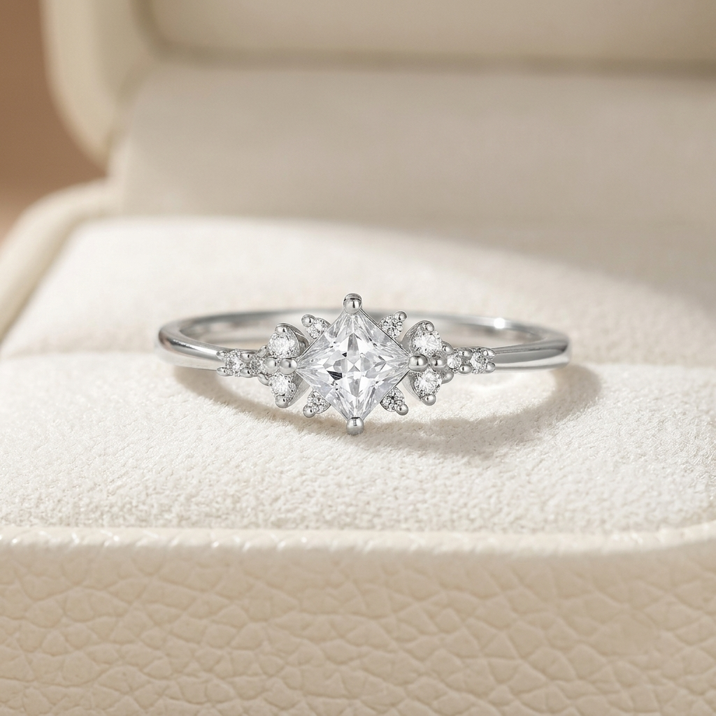 kite cut princess engagement ring with snowflake cluster side accents