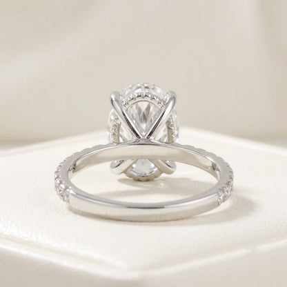 Oval Cut Diamond Engagement Ring with Pave Band and Hidden Halo