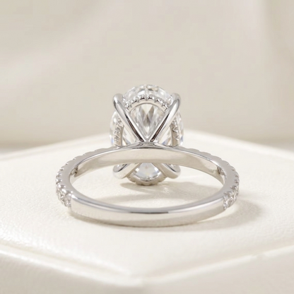 Oval Cut Diamond Engagement Ring with Pave Band and Hidden Halo