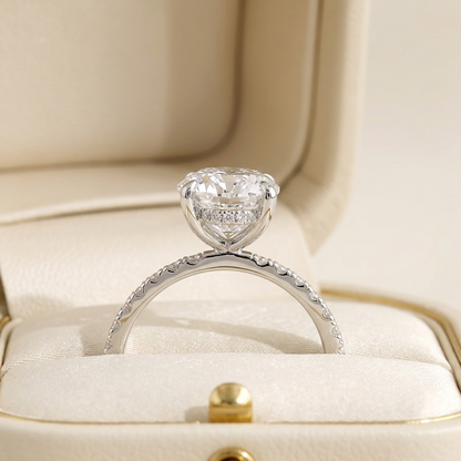 Oval Cut Diamond Engagement Ring with Pave Band and Hidden Halo