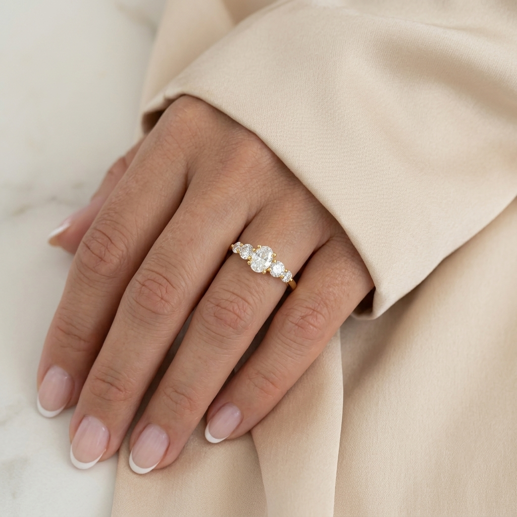 oval cut diamond five stone engagement ring with graduated round side accents