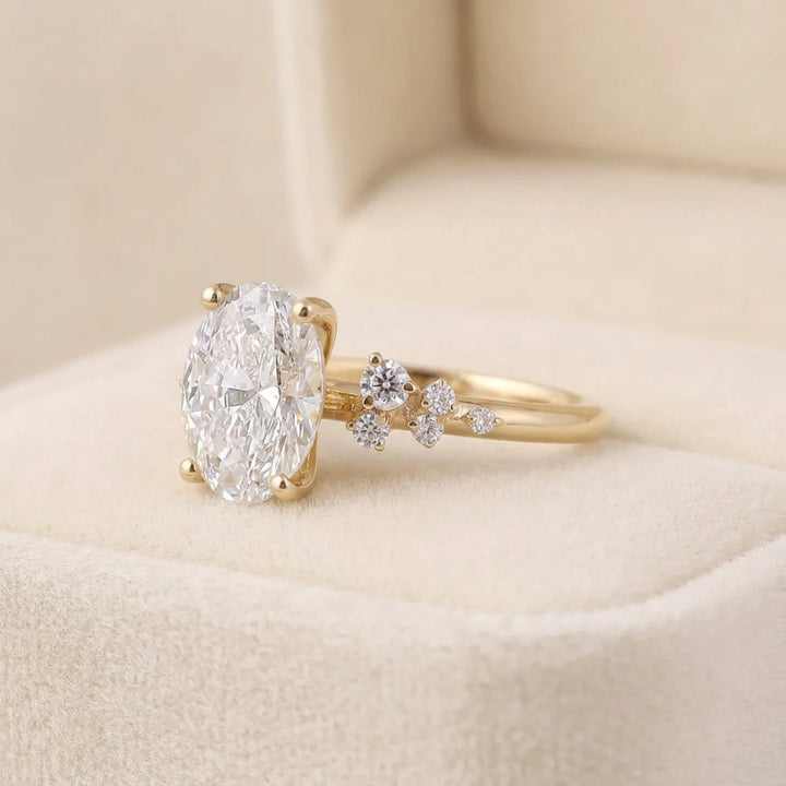 Oval Cut Diamond Engagement Ring with Asymmetric Scatter Side Accents