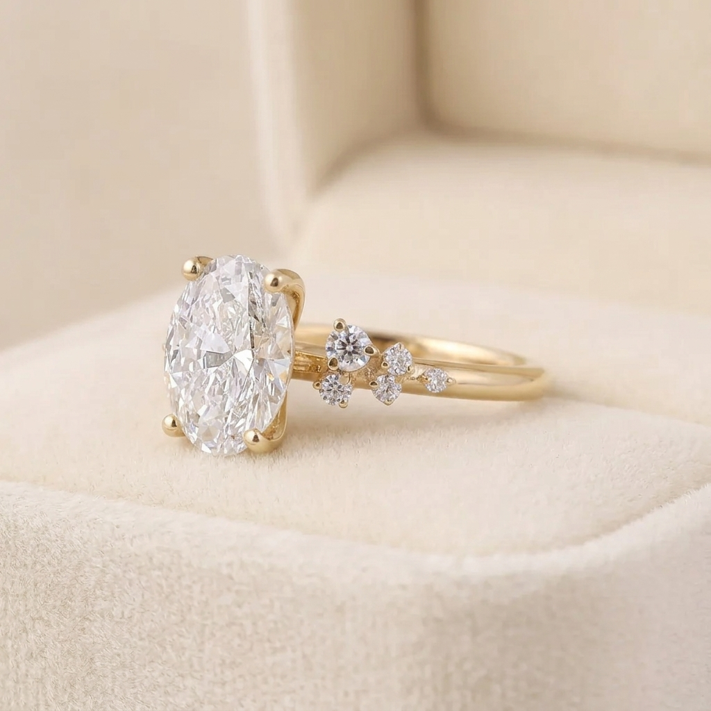oval cut diamond engagement ring with asymmetric scatter side accents
