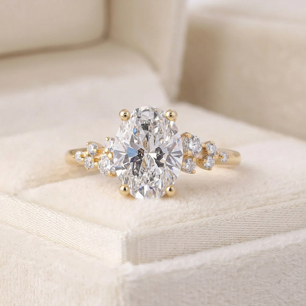oval cut diamond engagement ring with asymmetric scatter side accents