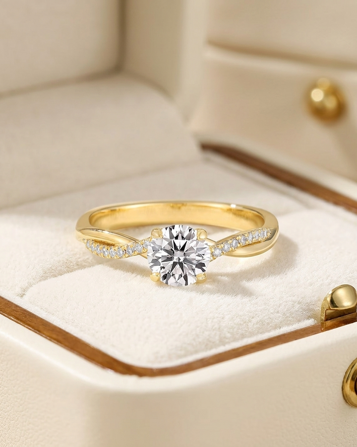 Round Cut Diamond Engagement Ring with Twisted Pave Band