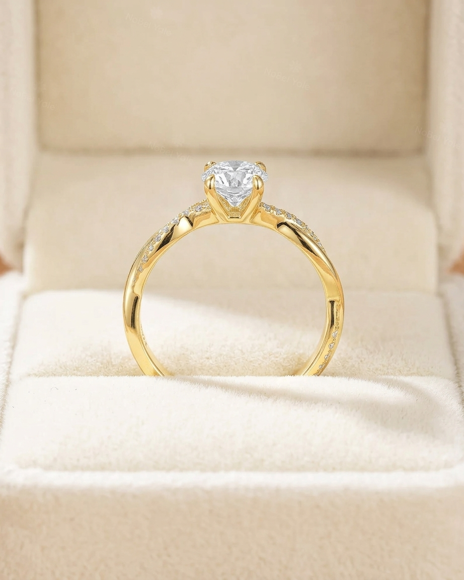 round cut diamond engagement ring with twisted pave band