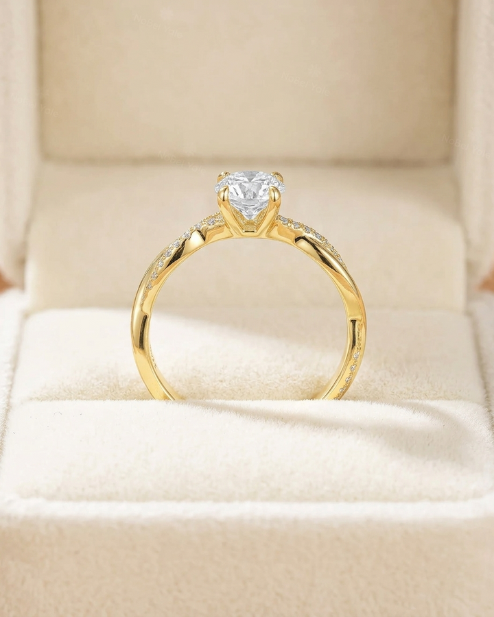 Round Cut Diamond Engagement Ring with Twisted Pave Band
