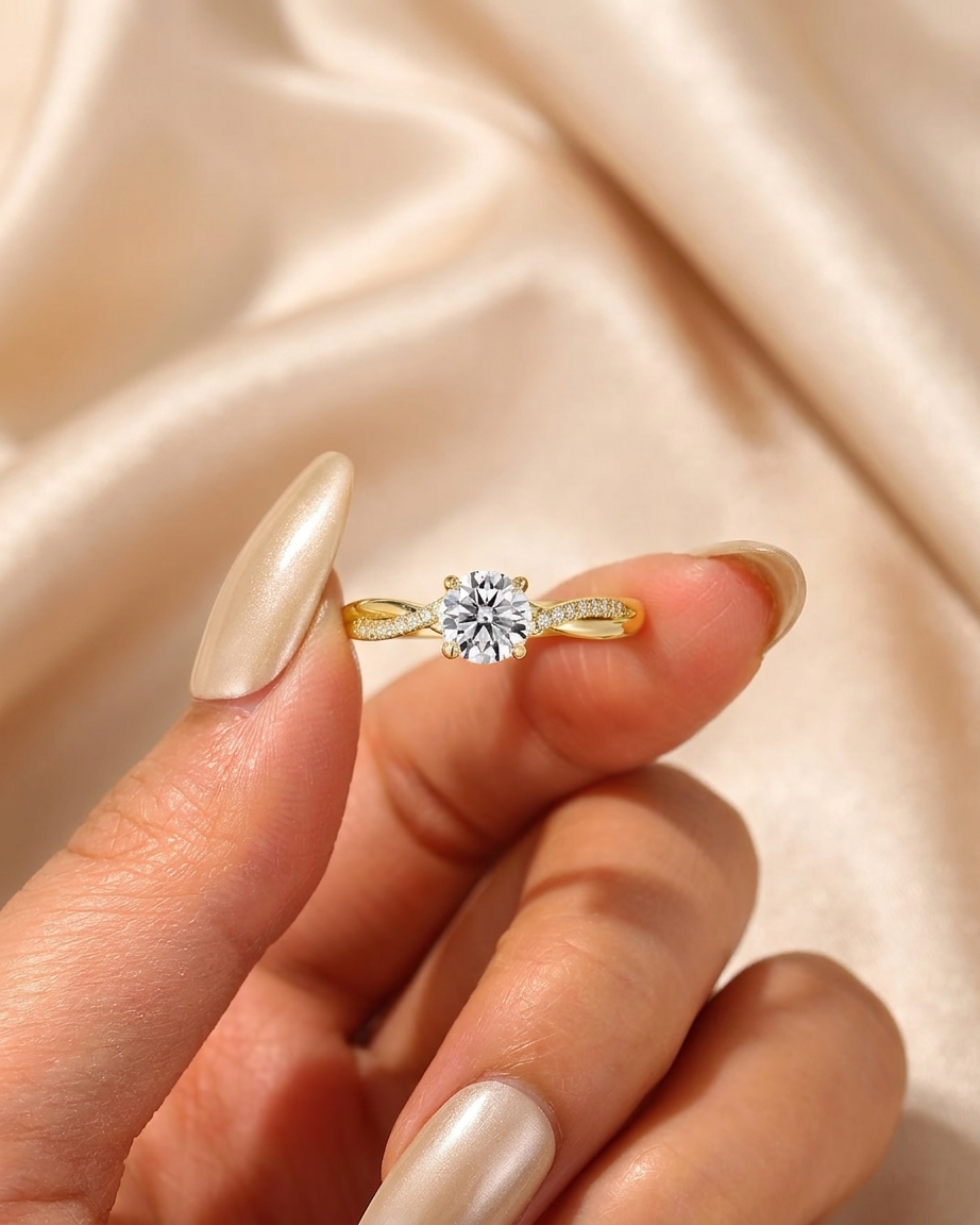 round cut diamond engagement ring with twisted pave band