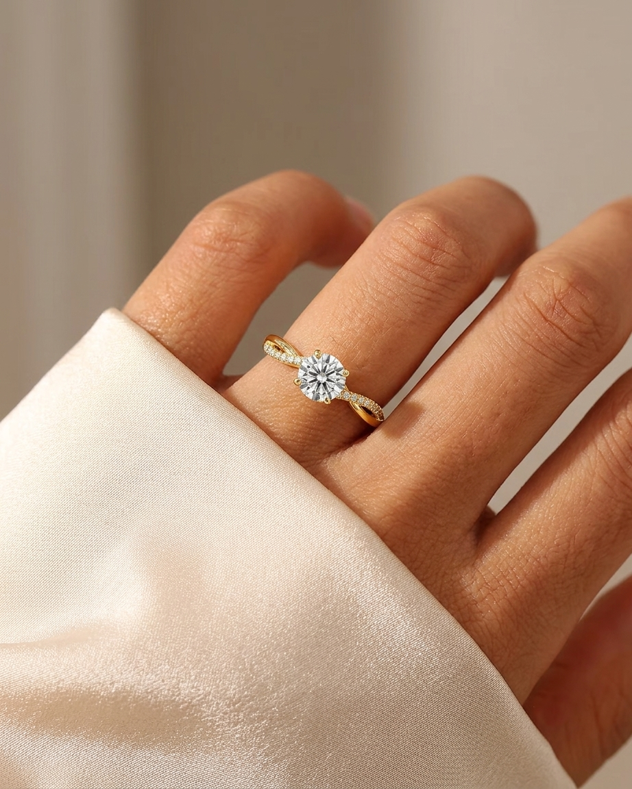 round cut diamond engagement ring with twisted pave band