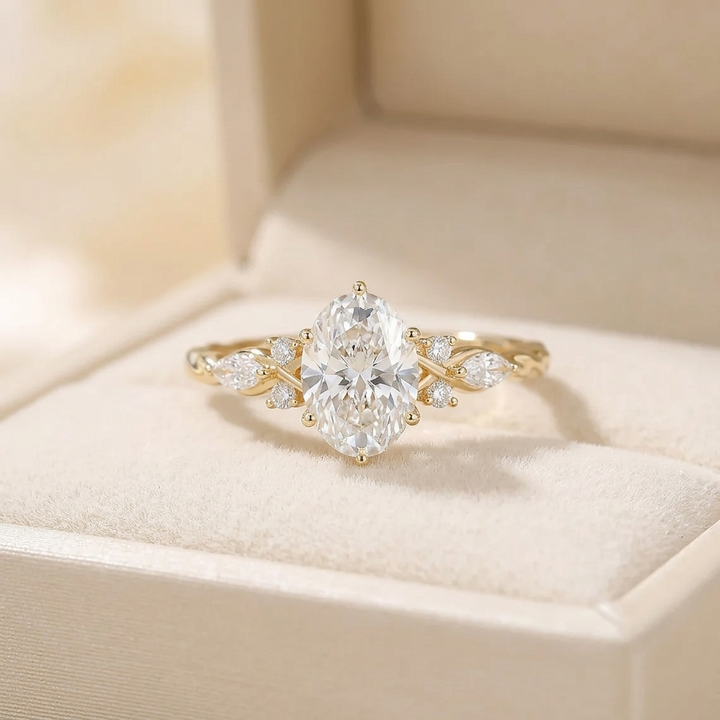 Oval Cut Diamond Engagement Ring with Twisted Band and Marquise Accents