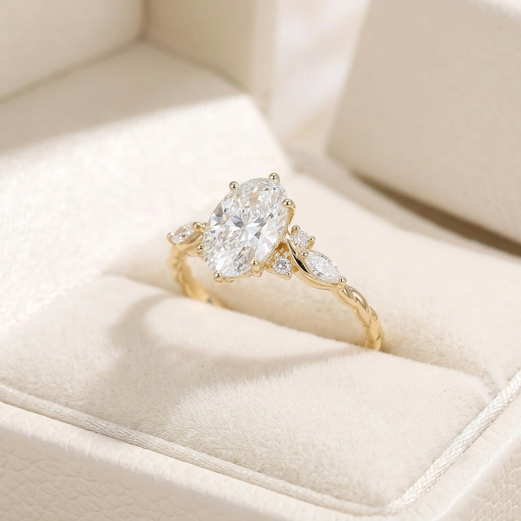 oval cut diamond engagement ring with twisted band and marquise accents