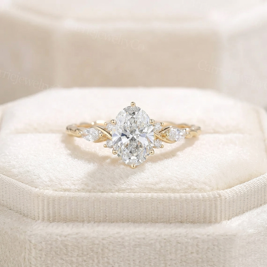 oval cut diamond engagement ring with twisted band and marquise accents