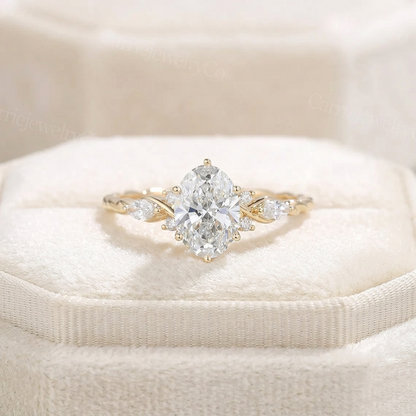 Oval Cut Diamond Engagement Ring with Twisted Band and Marquise Accents