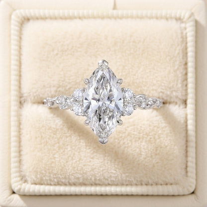 Marquise Cut Diamond Engagement Ring with Leaf Vine Band and Side Accents