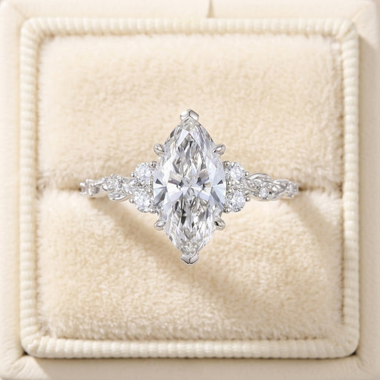 Marquise Cut Diamond Engagement Ring with Leaf Vine Band and Side Accents