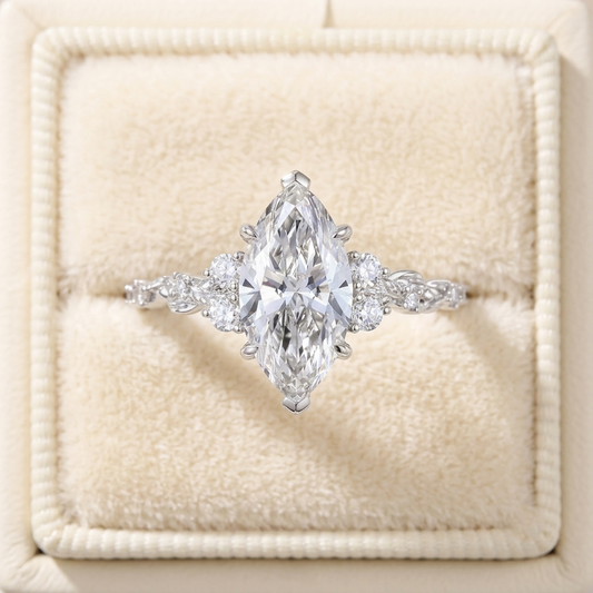 Marquise Cut Diamond Engagement Ring with Leaf Vine Band and Side Accents