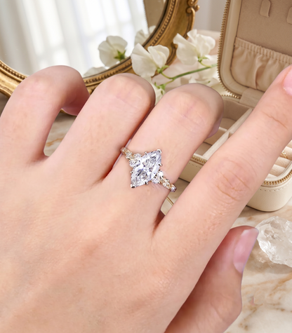 Marquise Cut Diamond Engagement Ring with Leaf Vine Band and Side Accents