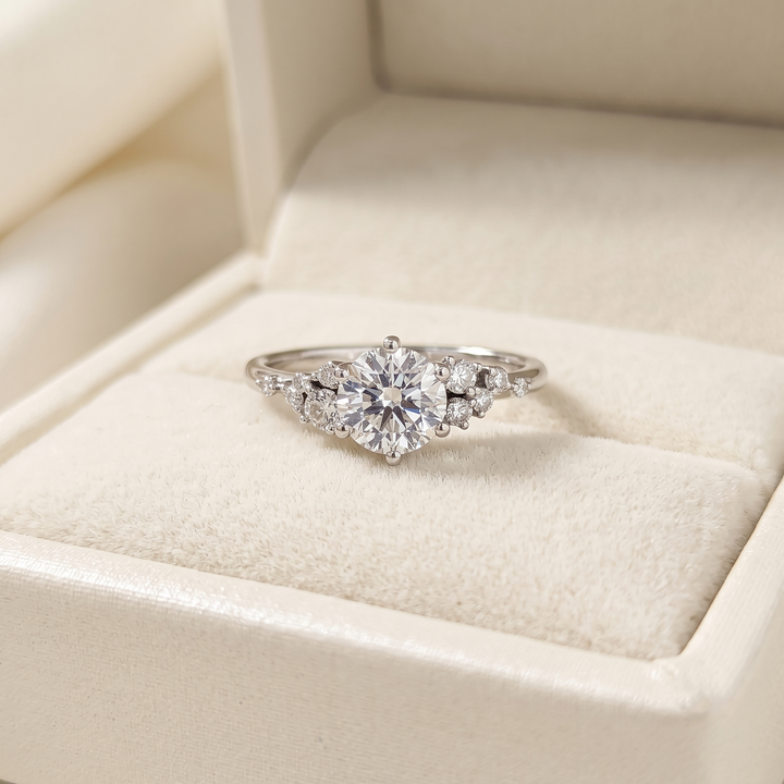 Round Brilliant Diamond Cluster Engagement Ring with Asymmetric Side Accents