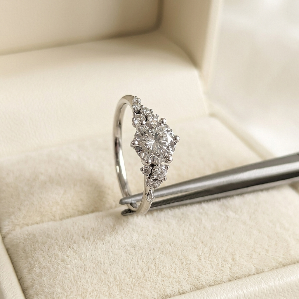 round brilliant diamond cluster engagement ring with asymmetric side accents