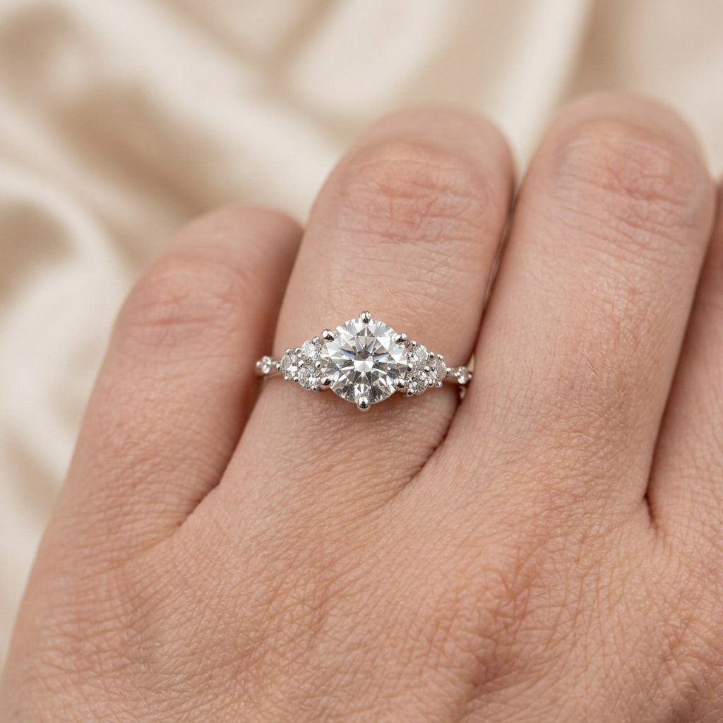 round brilliant diamond cluster engagement ring with asymmetric side accents