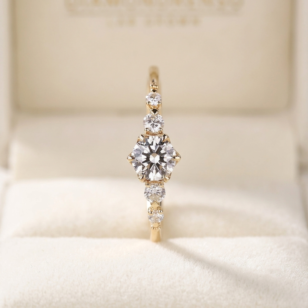 round cut diamond engagement ring with graduated side stones and petal gallery