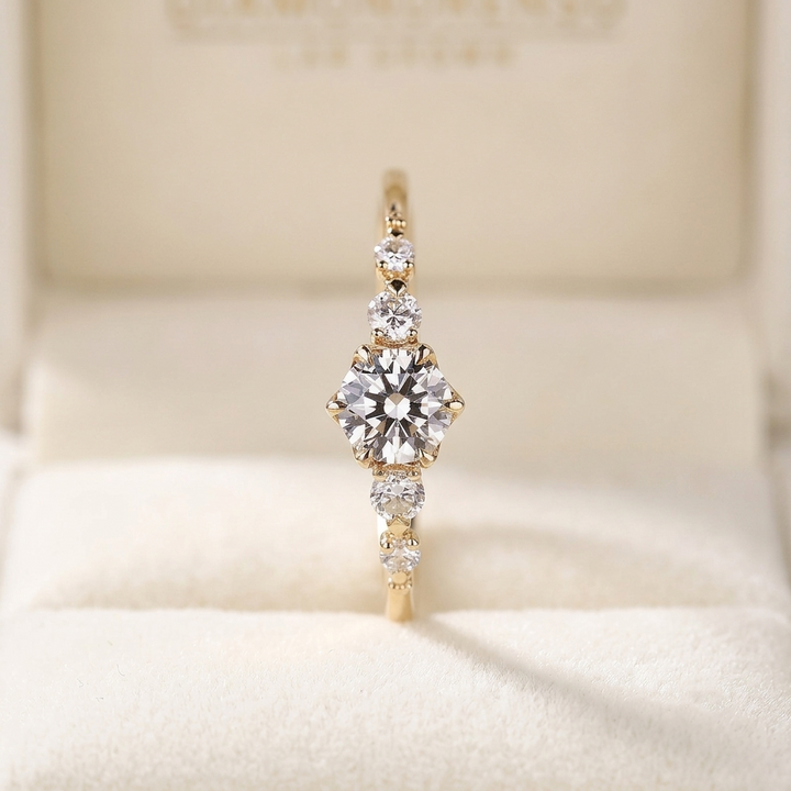 Round Cut Diamond Engagement Ring with Graduated Side Stones and Petal Gallery