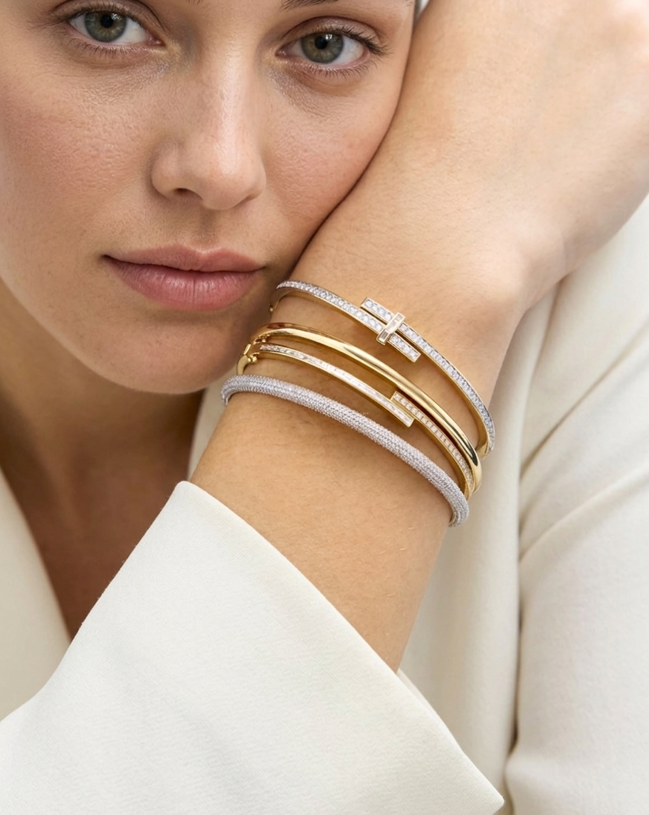 lab grown baguette and round diamond bypass wrap bangle