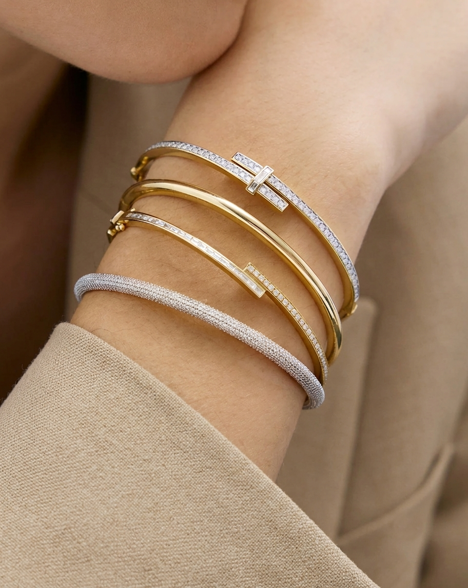 lab grown baguette and round diamond bypass wrap bangle