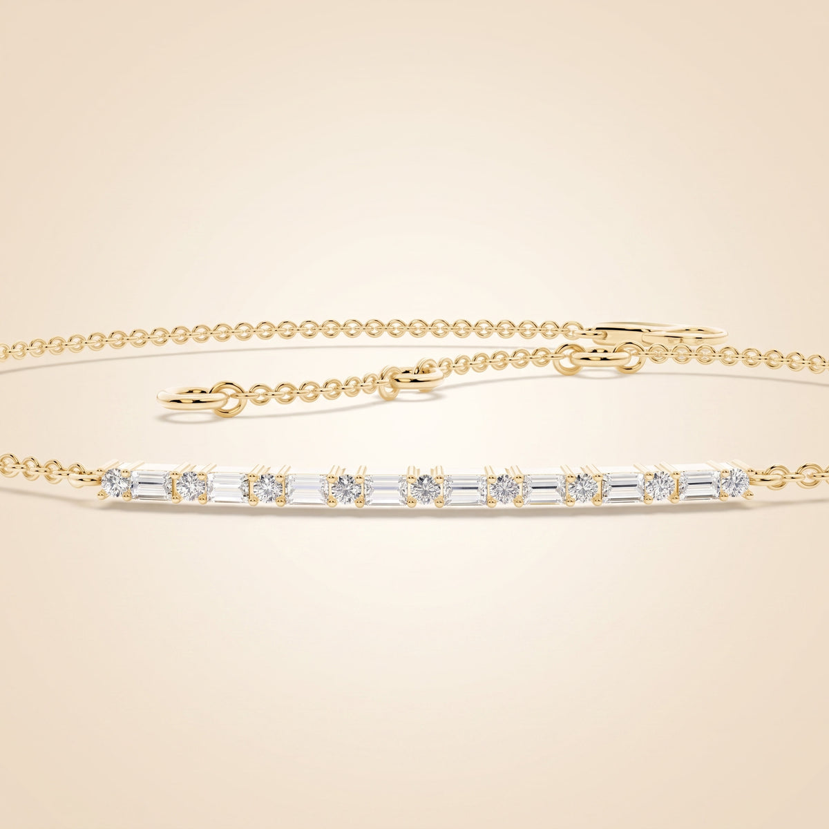 everyday chain baguette and round diamond bar chain bracelet in gold