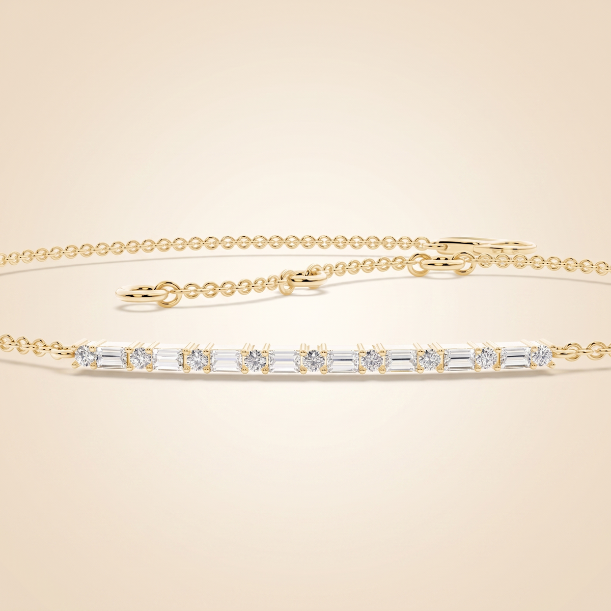 everyday chain baguette and round diamond bar chain bracelet in gold