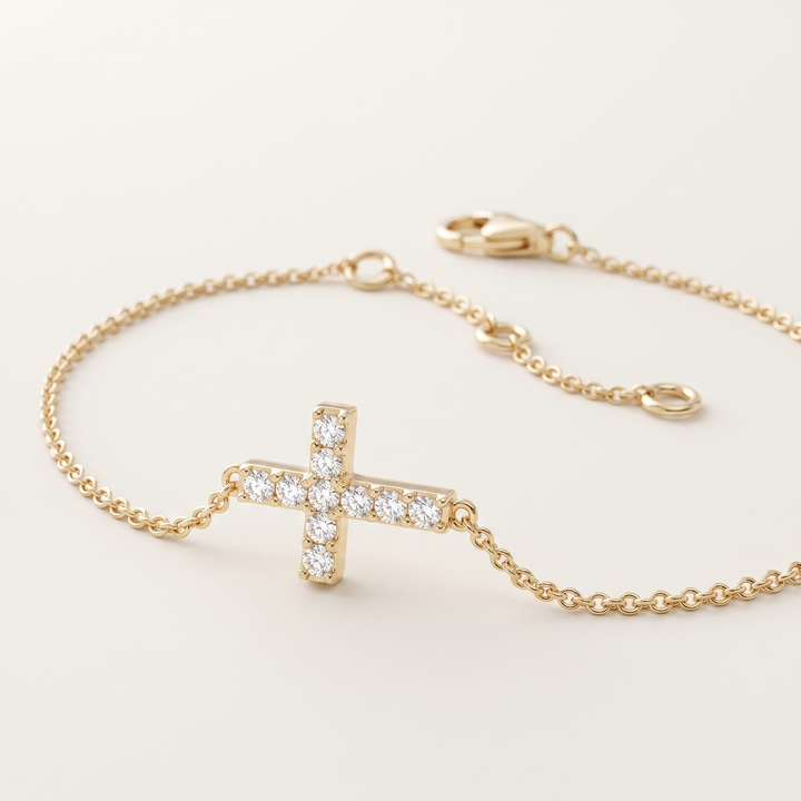 Pavé Diamond Sideways Cross Chain Bracelet in Gold