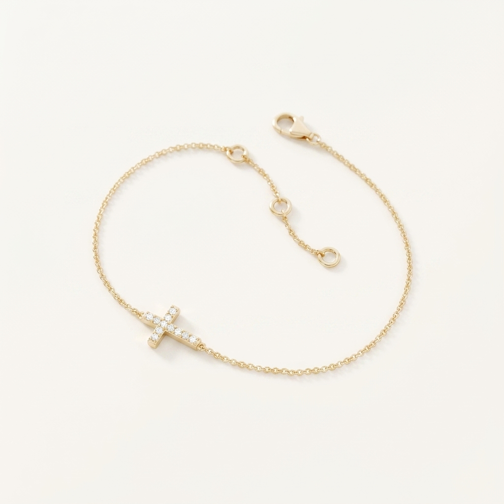 pavé diamond sideways cross chain bracelet in gold