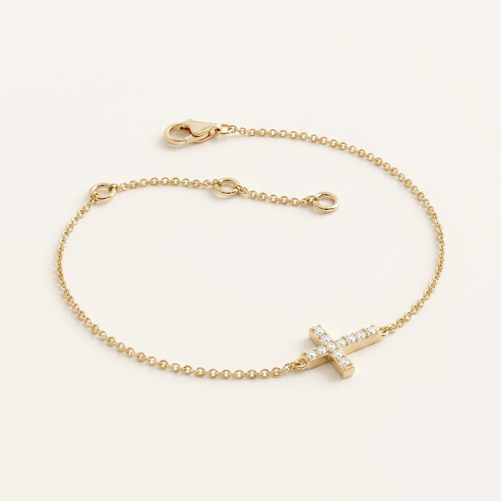 pavé diamond sideways cross chain bracelet in gold